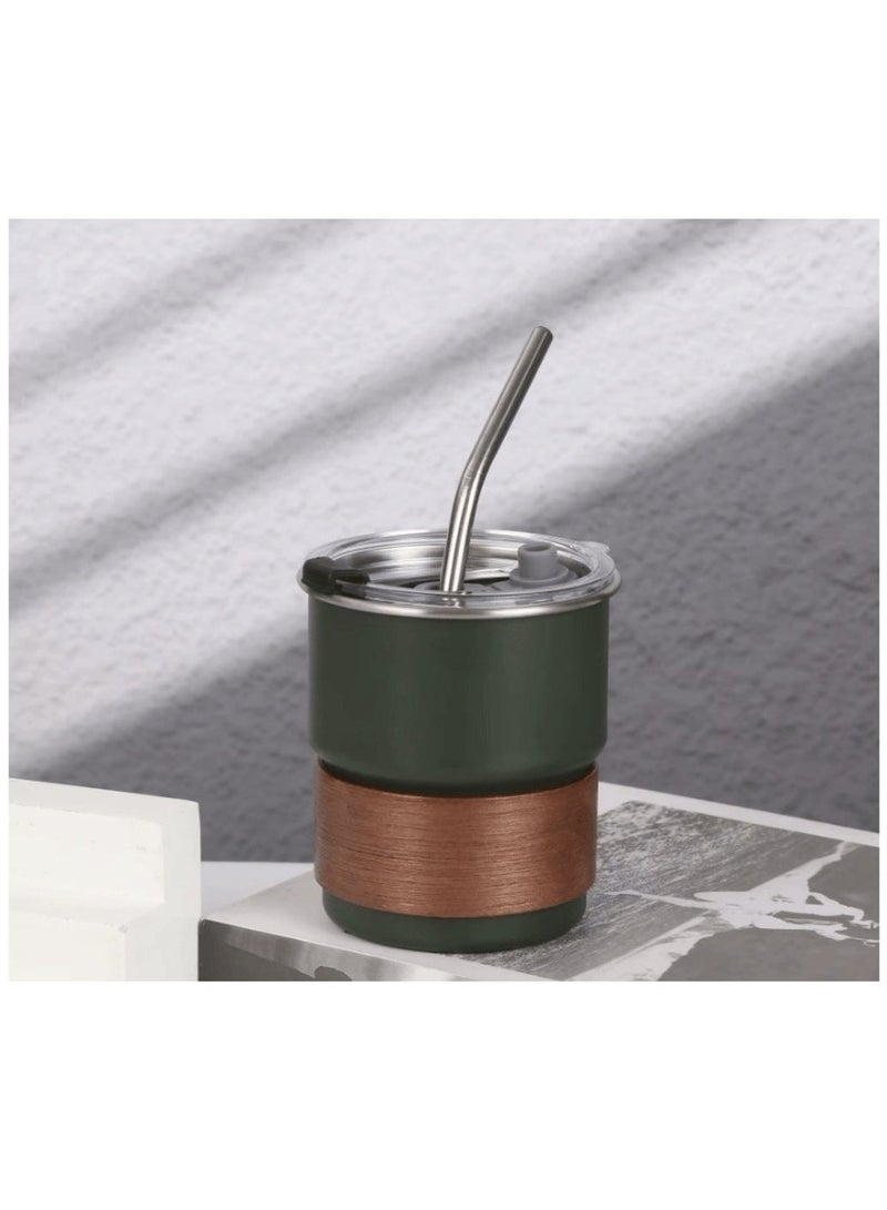 Dark Green Stainless Steel Professional Travel Cup - 300ml Hot/Cold Drink Holder with Wooden Grip ( 8.5 Cm Height ) - Image 1